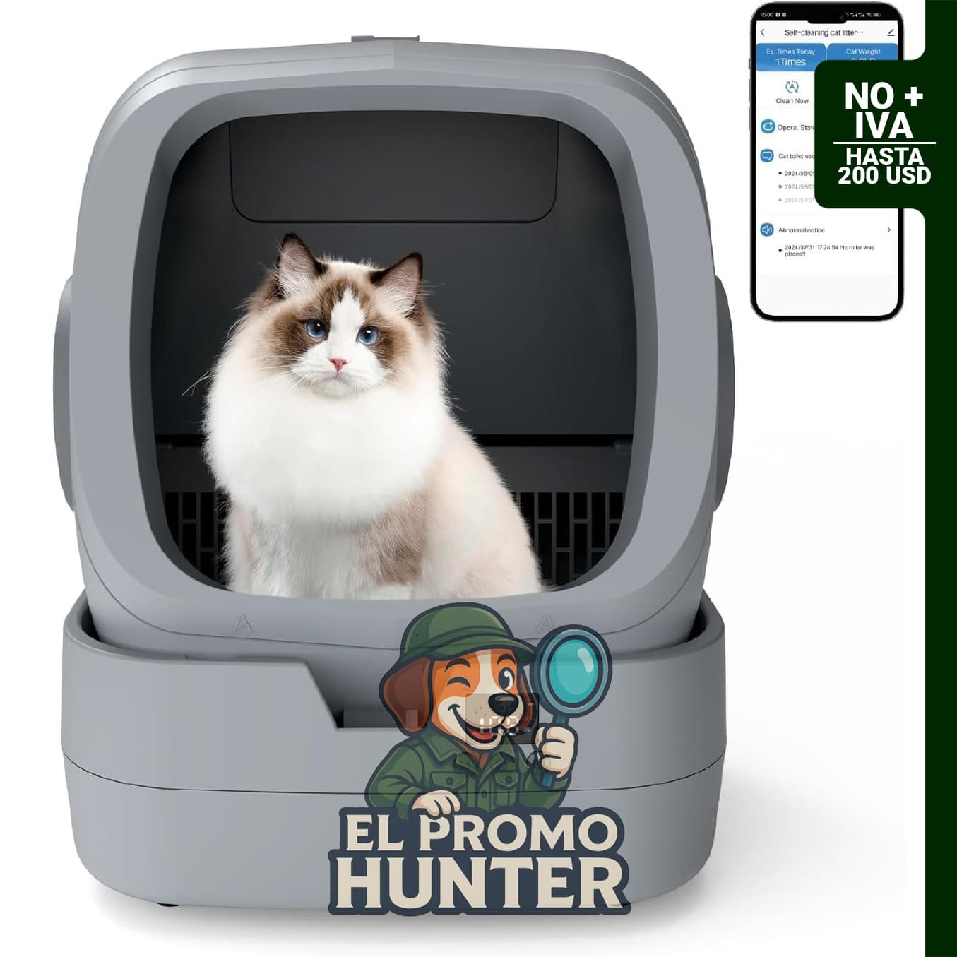 Caja de arena automática para gatos UPFAS, autolimpiante, control de aplicación, monitoreo de peso, color gris.