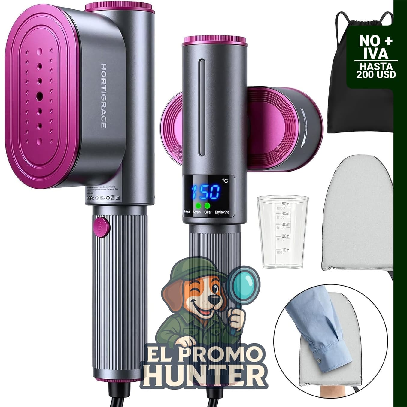 Vaporizador portátil de mano HORTIGRACE de 1200 W con panel de cerámica para eliminar arrugas.