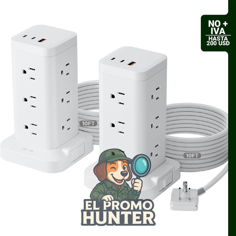 Paquete de 2 torres de regleta de alimentación con 12 salidas de CA y puertos USB-C PD20W.