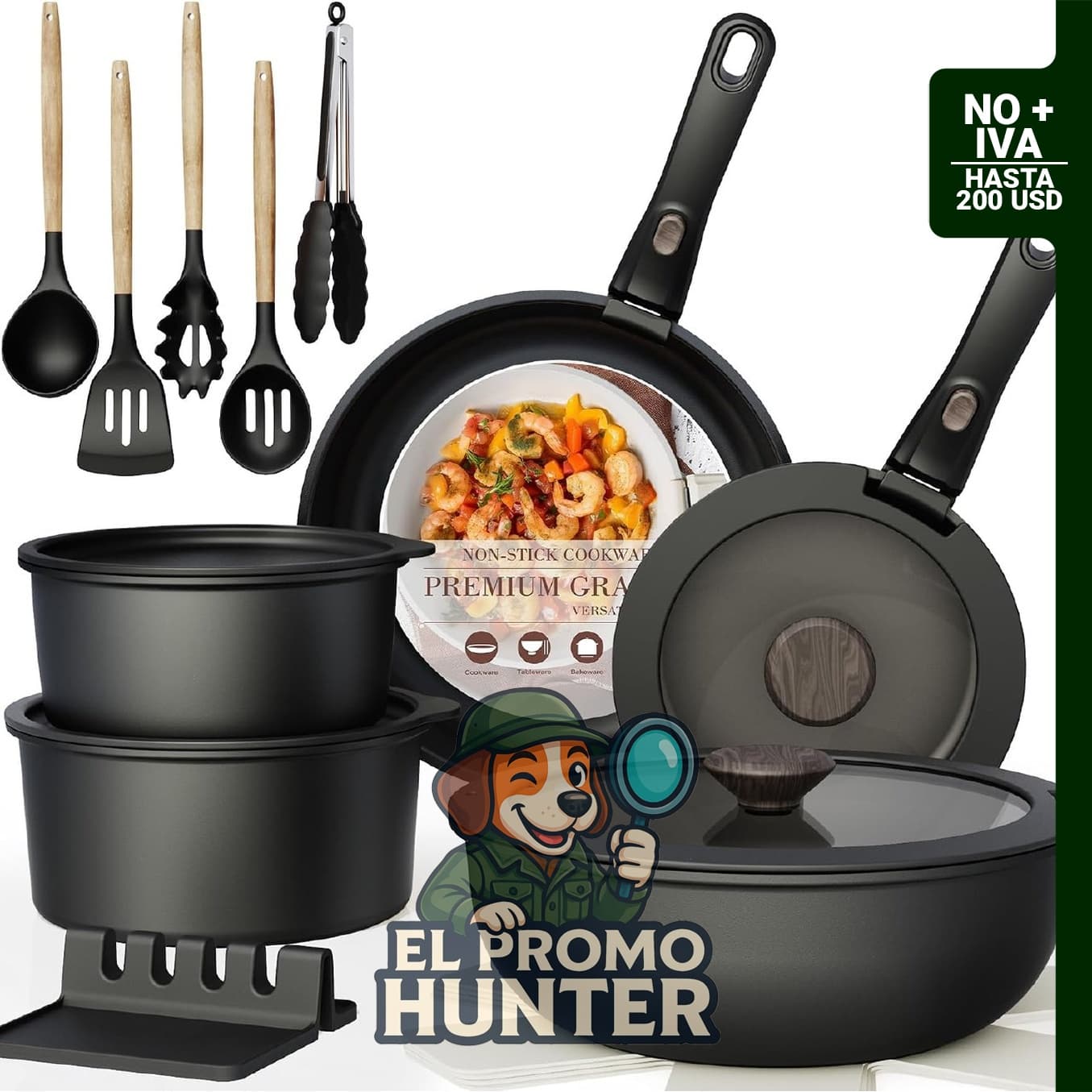 Juego de utensilios de cocina de cerámica antiadherente, 21 piezas, apto para horno e inducción, negro.