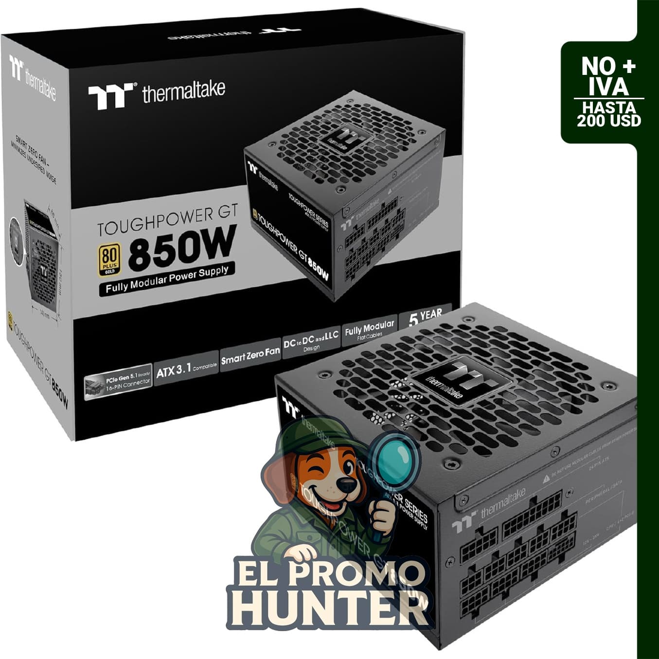 Fuente de alimentación Thermaltake Toughpower GT 850W ATX 3.1, eficiencia 80 Plus Gold, ventilador inteligente Zero.