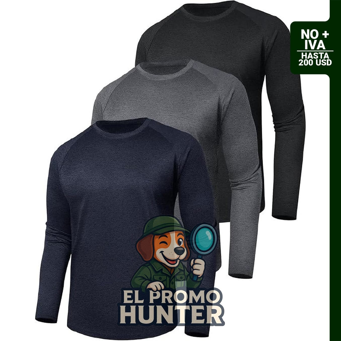 Paquete de 3 camisetas de manga larga para hombre, secado rápido, con protección UV y tecnología de absorción de humedad.
