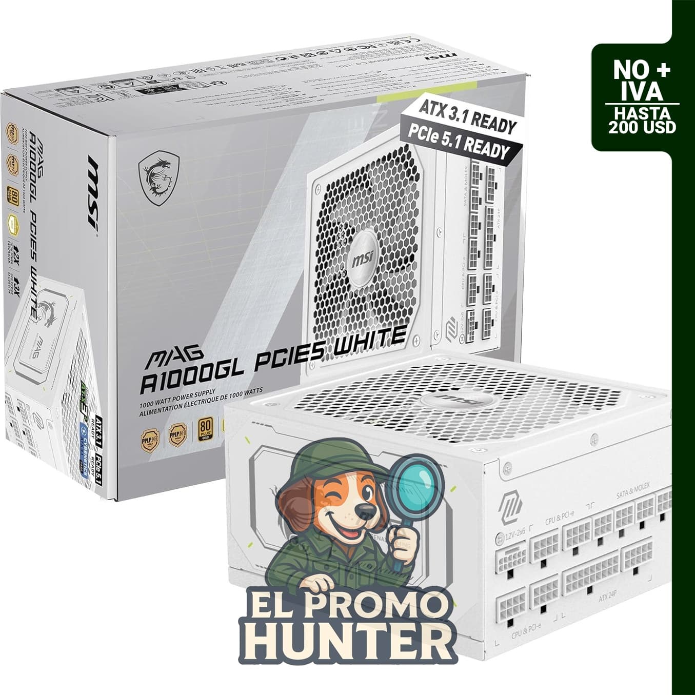 Fuente de alimentación modular MSI MAG A1000GL de 1000 W, 80+ dorado, compatible con ATX 3.1 y PCIe 5.1.