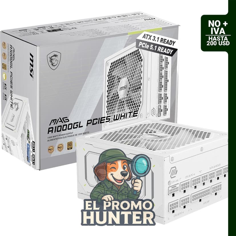 Fuente de alimentación modular MSI MAG A1000GL de 1000 W, 80+ dorado, compatible con ATX 3.1 y PCIe 5.1.