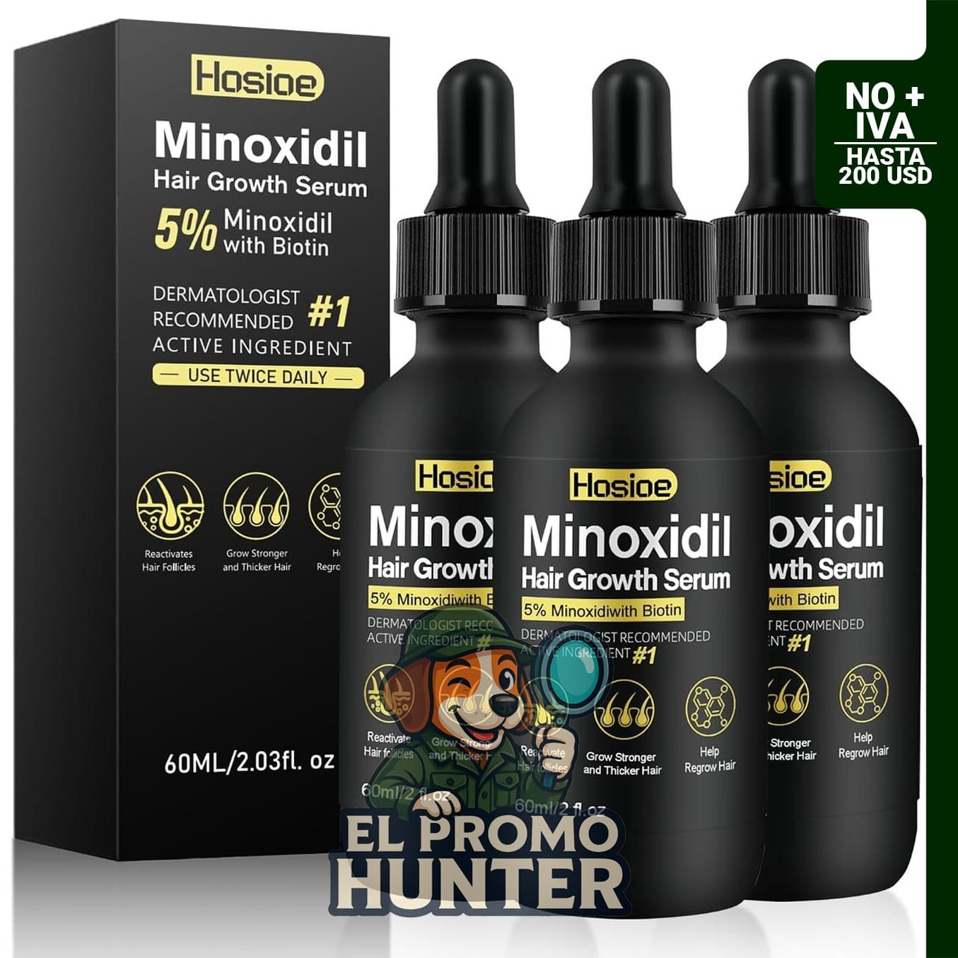 Suero de minoxidil al 5% para el crecimiento del cabello y la barba, paquete de 3.