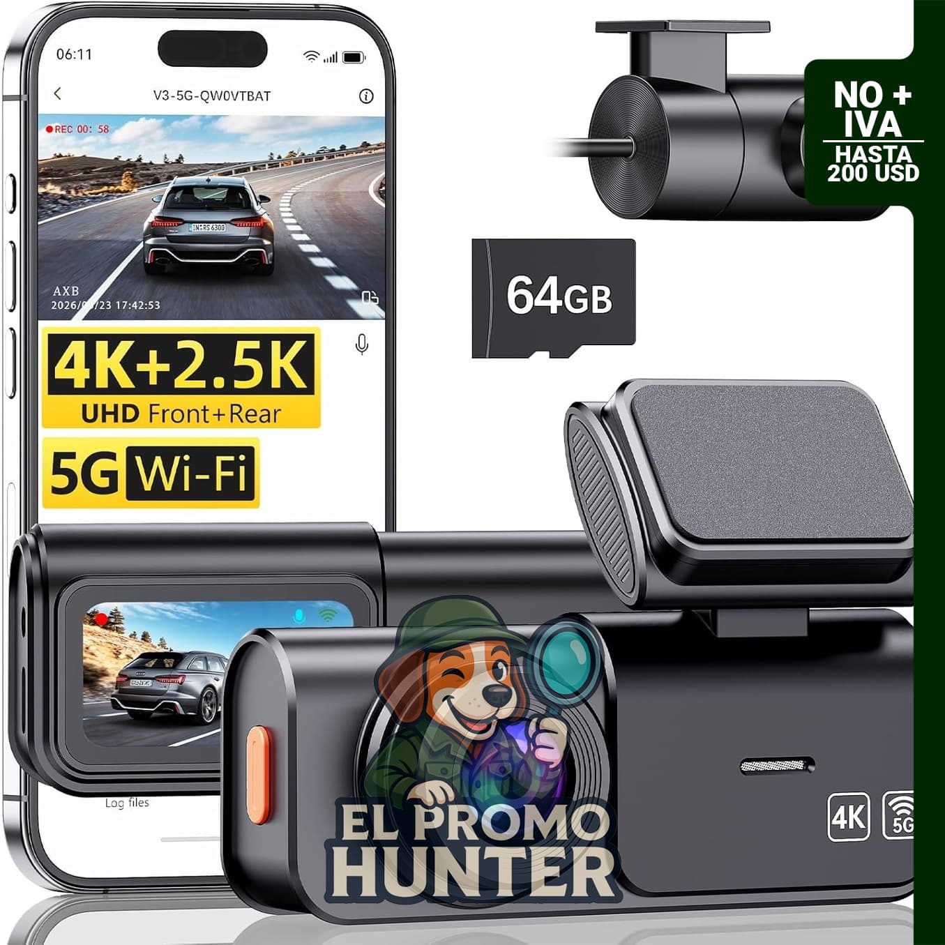Cámara de tablero dual AXB V3 con grabación 4K + 2.5K, WiFi 5G y visión nocturna.
