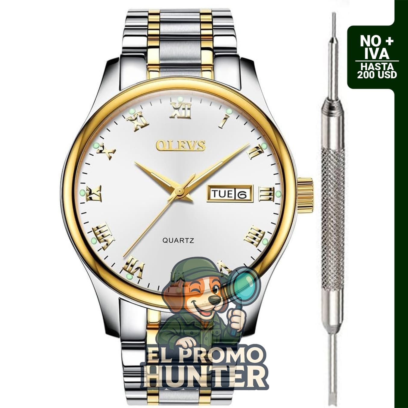 Reloj OLEVS para hombre, analógico, con dial blanco, numerales romanos y función de día y fecha.