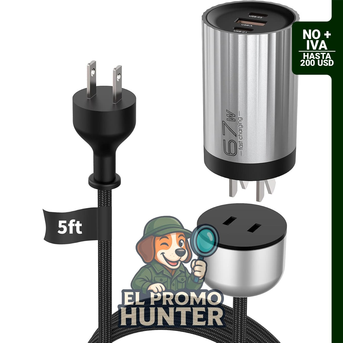 Cargador rápido Mukiya de 67 W con 3 puertos (2 USB-C y 1 USB-A) y cable de extensión de 5 pies.