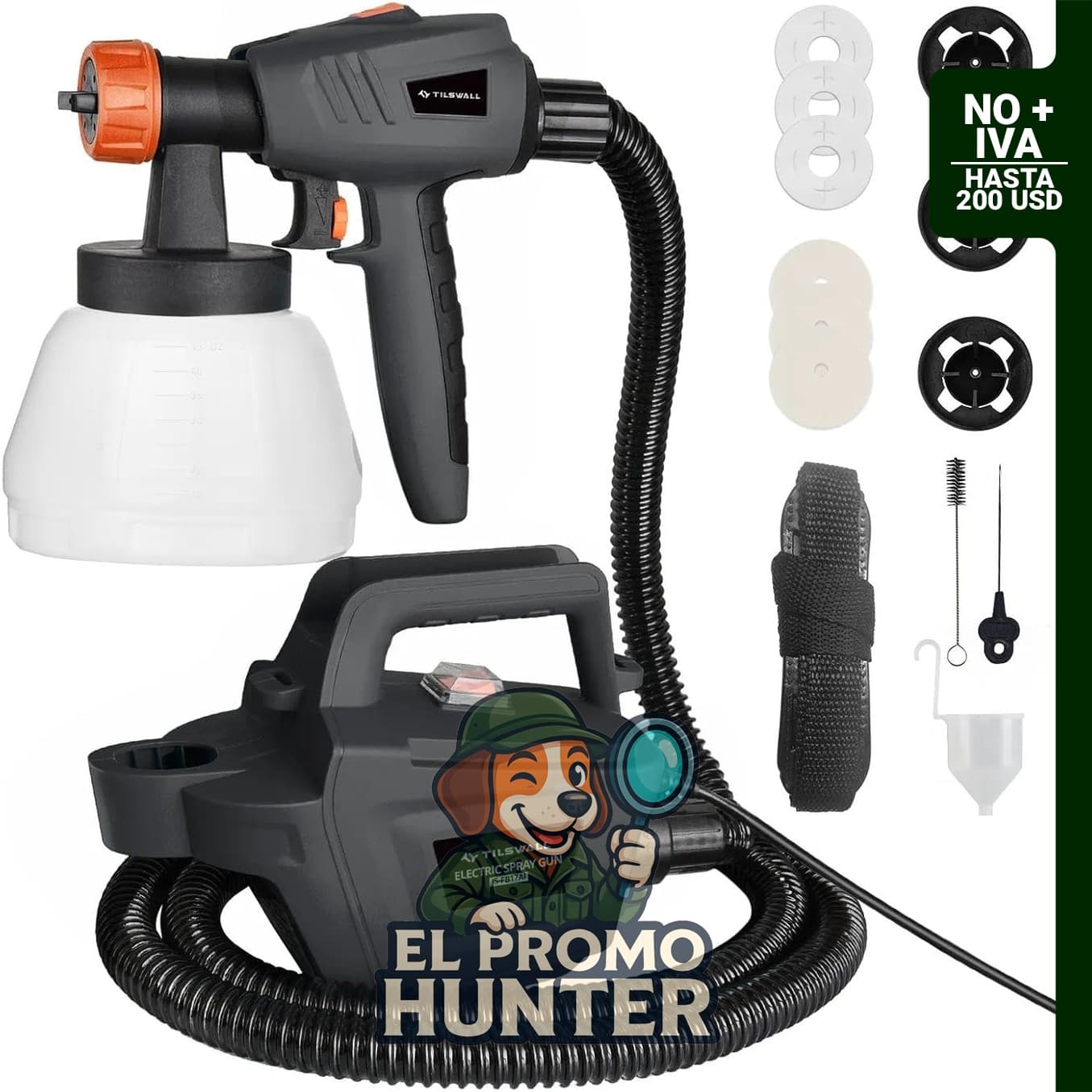 Pistola de pintura eléctrica HVLP Tilswall de 800 W, con capacidad de 1300 ml/min y recipiente desmontable de 44.0 fl oz.