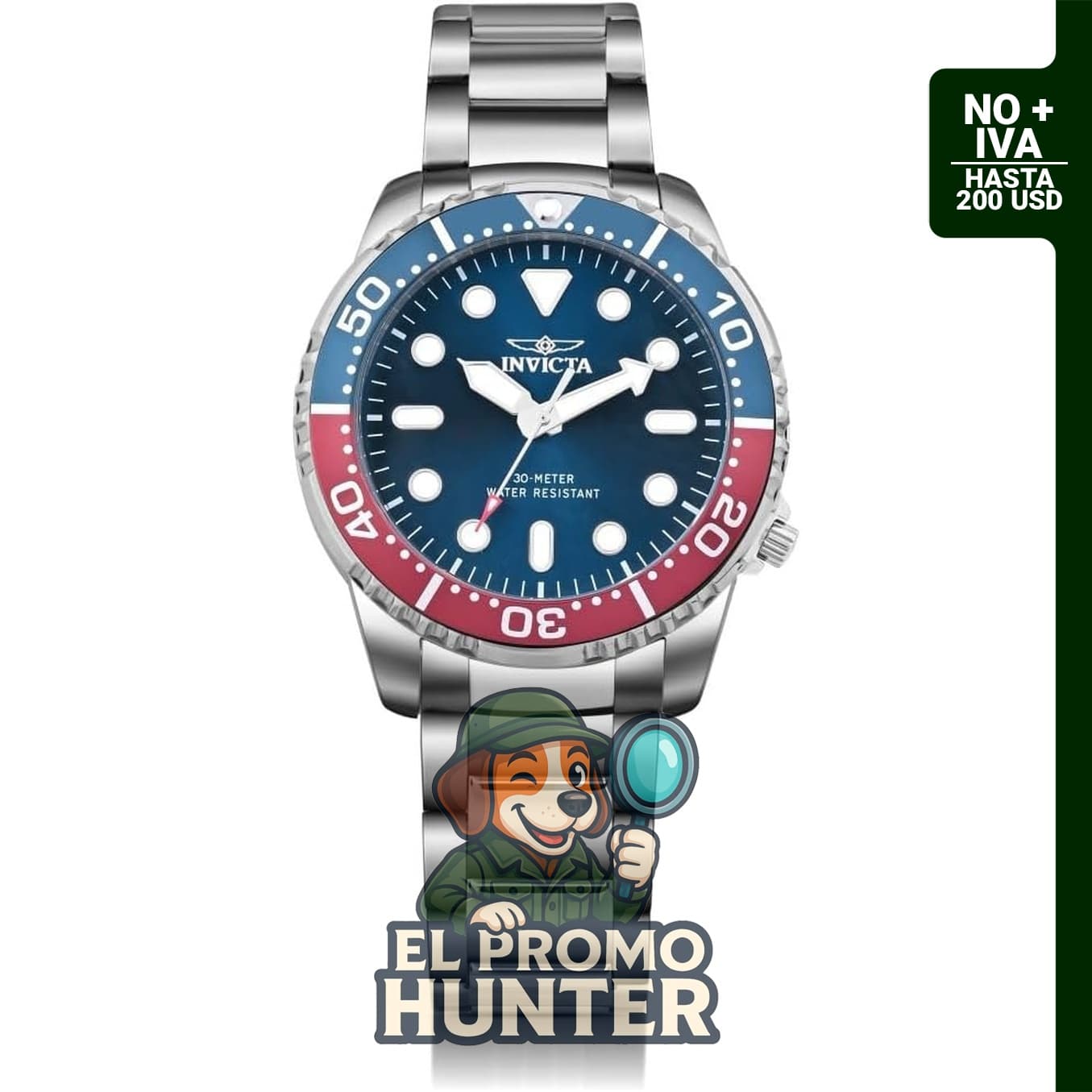 Reloj Invicta Pro Diver para hombre, 48 mm, acero inoxidable, esfera azul, movimiento de cuarzo PC21J.
