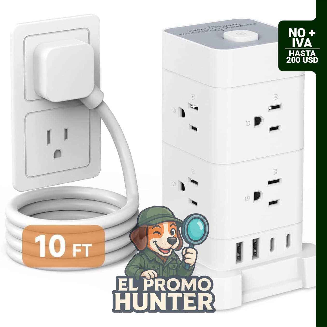 Regleta de alimentación con 8 tomacorrientes AC y 4 puertos USB (2 USB-C), protección contra sobretensiones, cable de 3 m.
