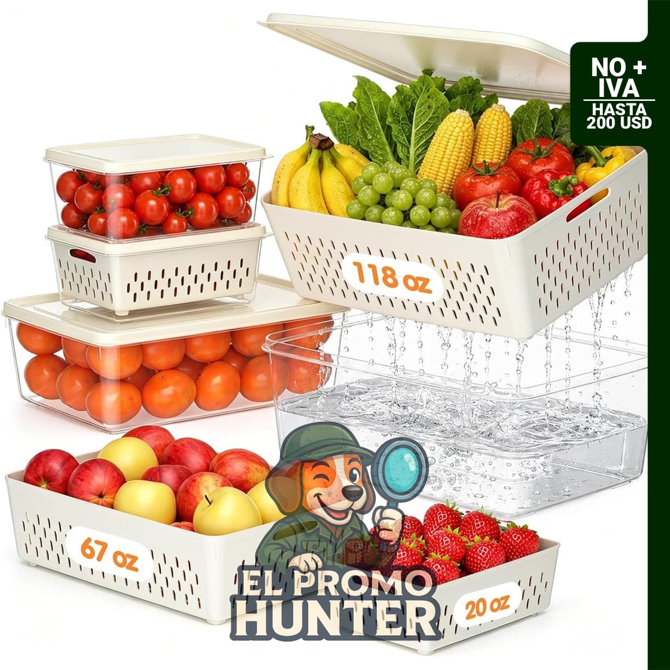 Paquete de 4 recipientes herméticos para almacenamiento de frutas y alimentos, incluye colador extraíble.