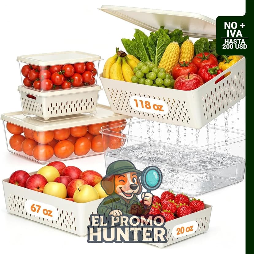 Paquete de 4 recipientes herméticos para almacenamiento de frutas y alimentos, incluye colador extraíble.