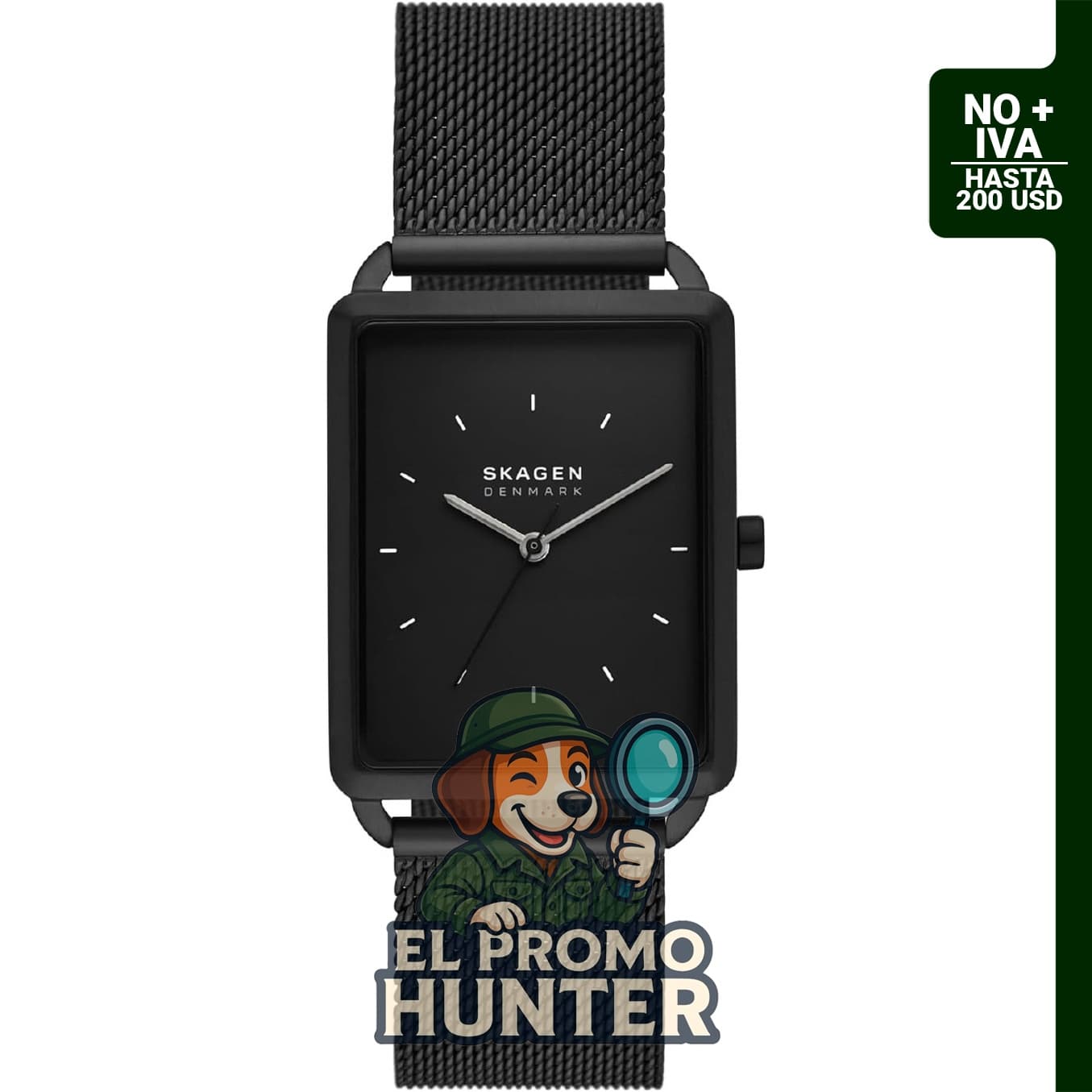 Reloj rectangular de acero inoxidable Skagen Hagen para hombre.