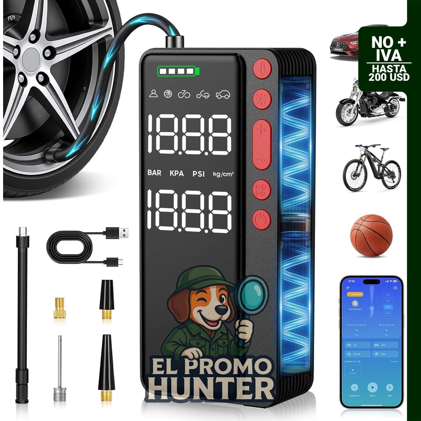 Compresor de aire portátil MATULSA de 10000mAh, 150PSI, control por APP, incluye luz LED y apagado automático.