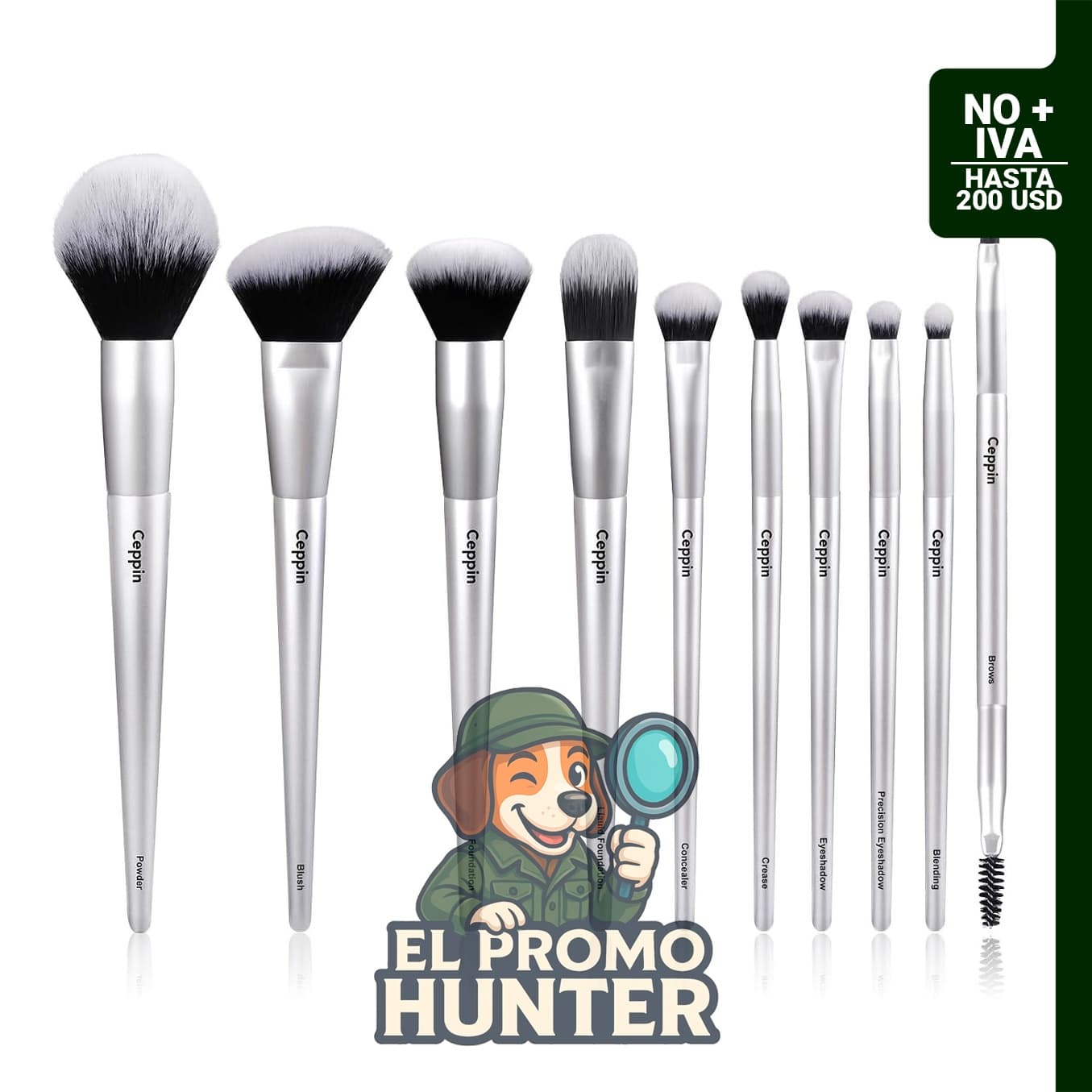 Juego de 10 brochas de maquillaje sintéticas para base, contorno, rubor y delineador.