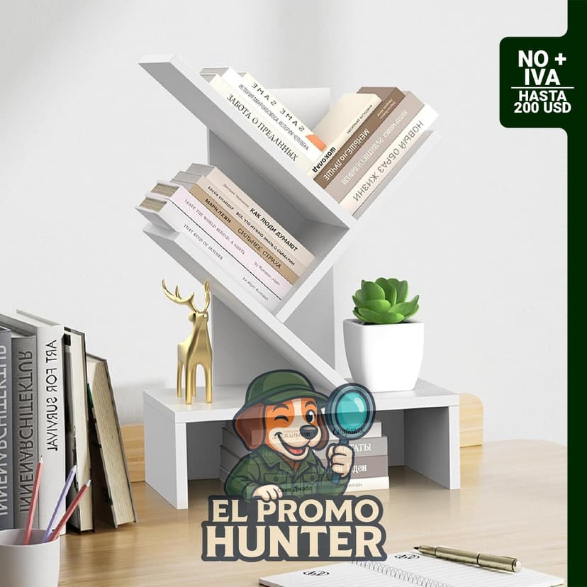 Estantería pequeña de madera blanca con cajón, 4 niveles, organizador de libros y CDs para escritorio.