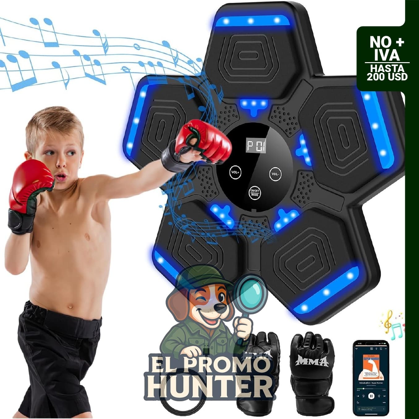 Máquina de boxeo musical Bluetooth montada en la pared, ajustable en altura con 5 niveles.