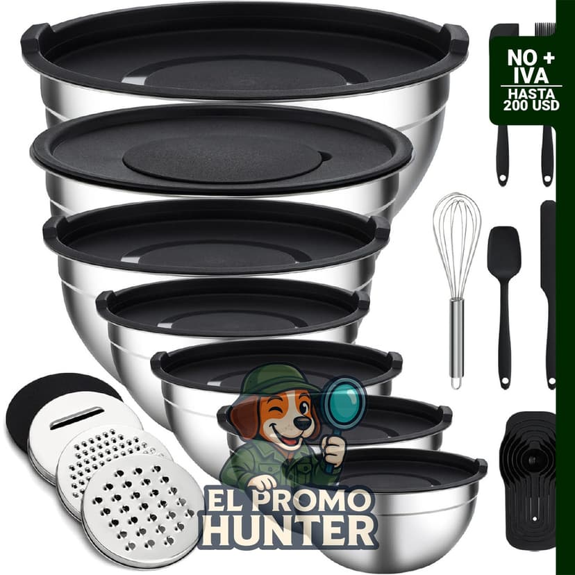 Juego de 16 tazones de acero inoxidable con tapas y accesorios para rallar.