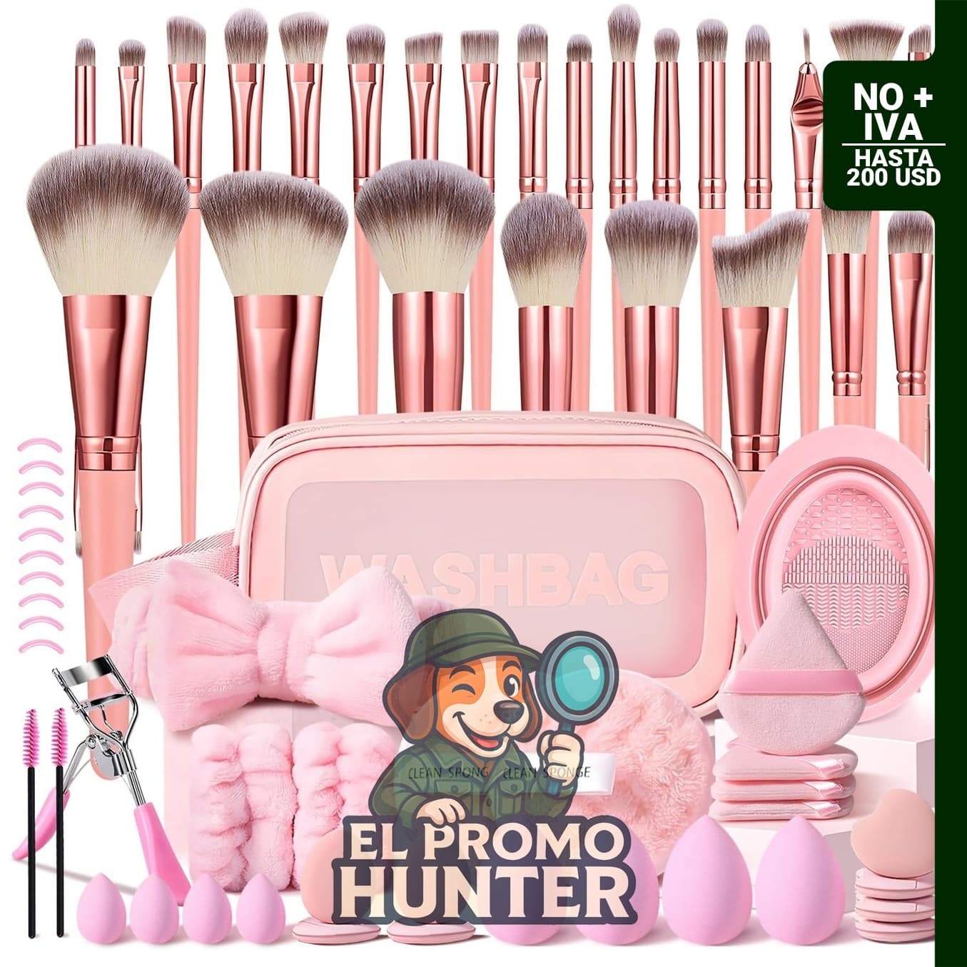 Juego de 65 brochas de maquillaje rosa con estuche, incluye herramientas para rostro y ojos.