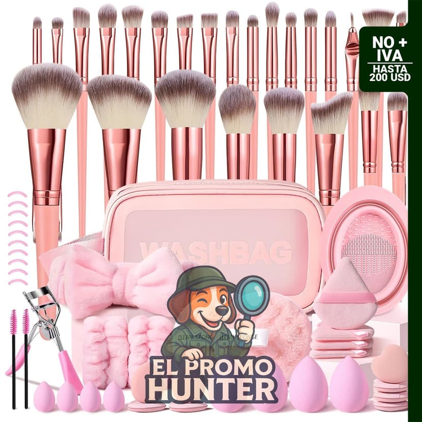 Juego de 65 brochas de maquillaje rosa con estuche, incluye herramientas para rostro y ojos.