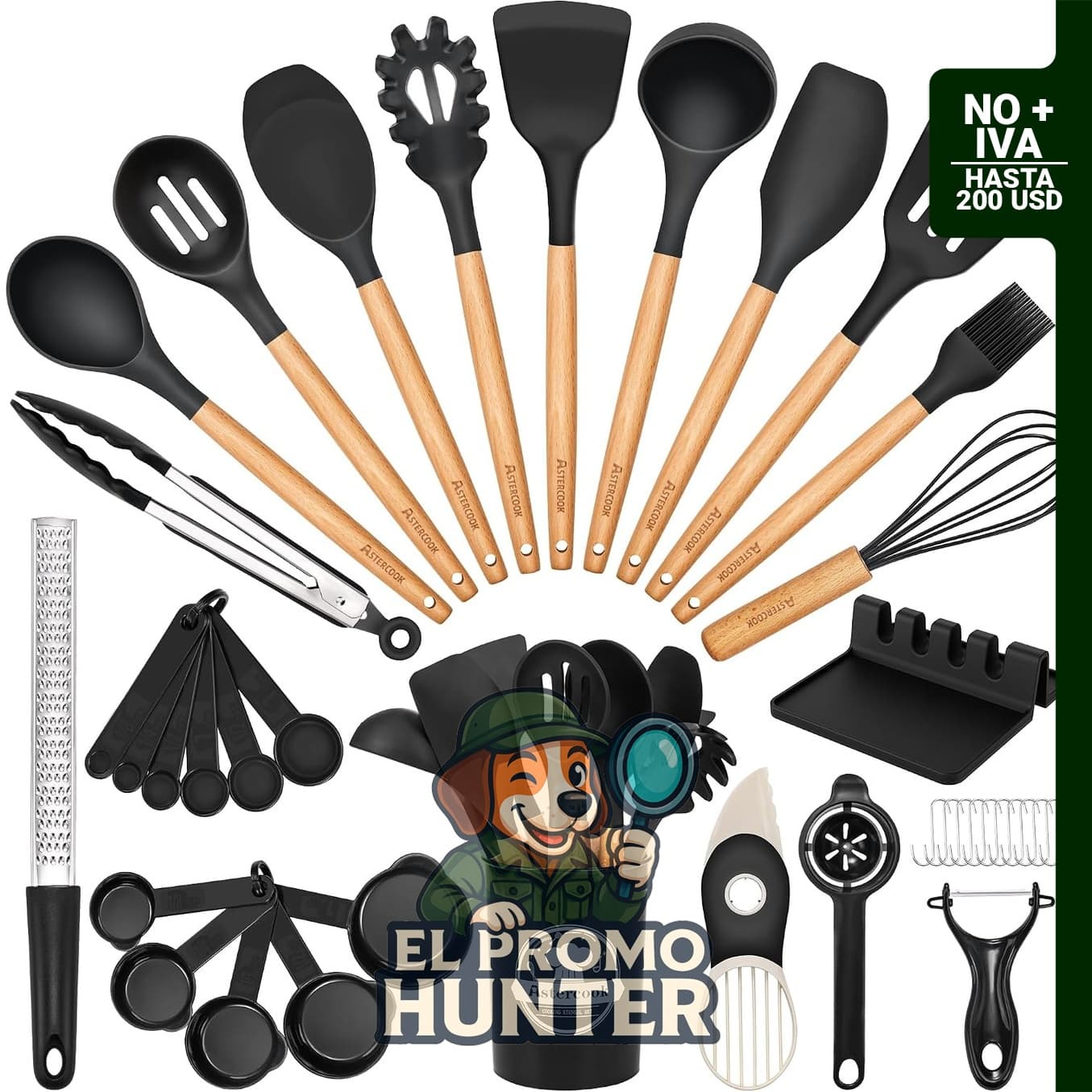 Set de 39 utensilios de cocina de silicona con mango de madera, grado alimenticio y resistente al calor (hasta 446 °F).