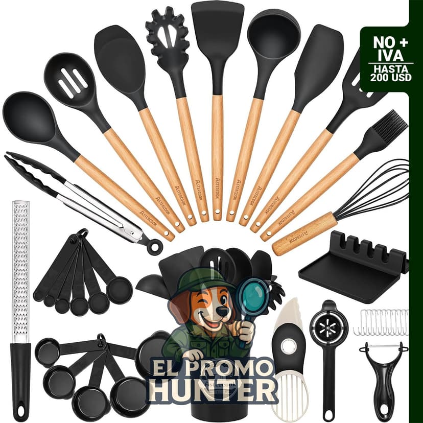 Set de 39 utensilios de cocina de silicona con mango de madera, grado alimenticio y resistente al calor (hasta 446 °F).