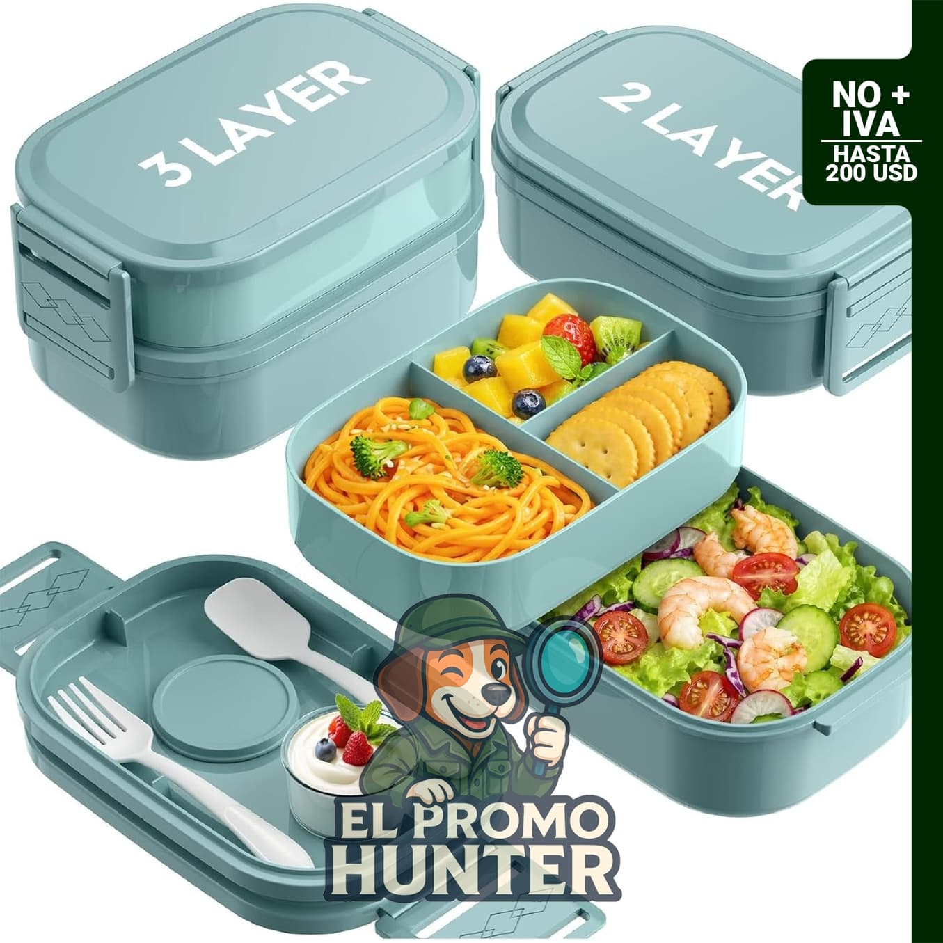 Lonchera Bento apilable de 3 niveles, capacidad de 1,9 L, plástico de grado alimenticio, apto para microondas y lavavajillas.