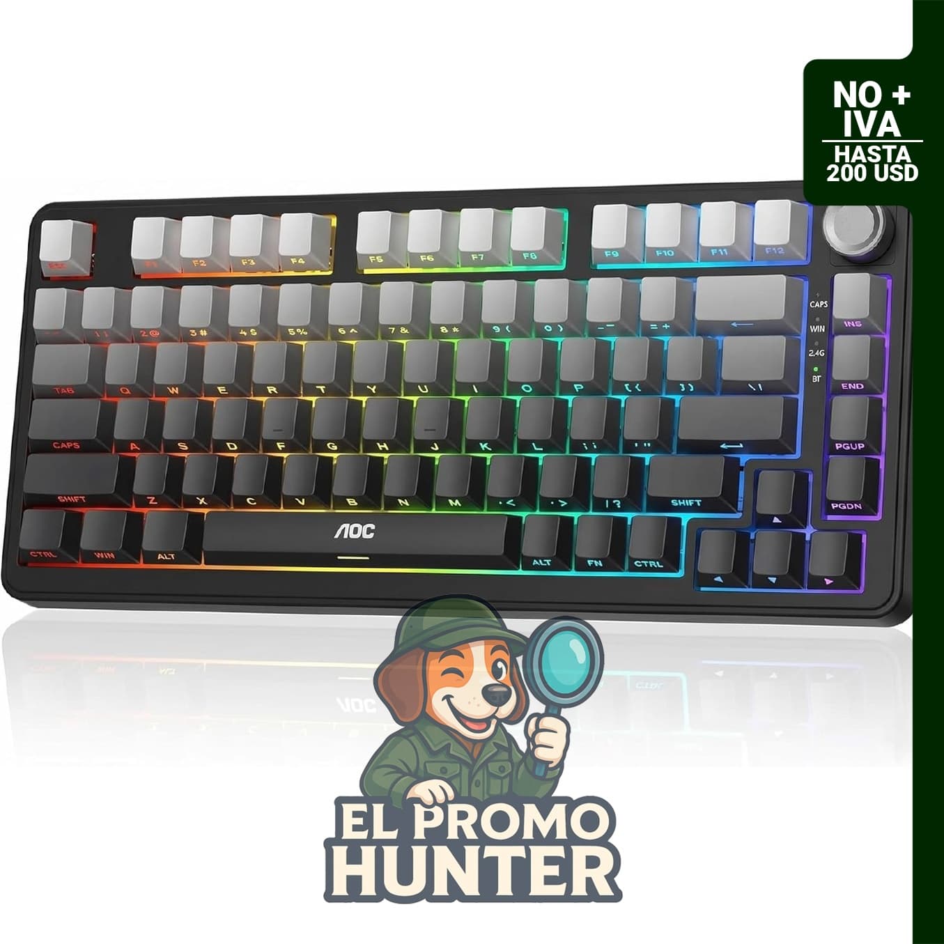 Teclado mecánico inalámbrico AOC GK330 al 75% con conectividad BT/2.4GHz/USB-C y retroiluminación RGB.