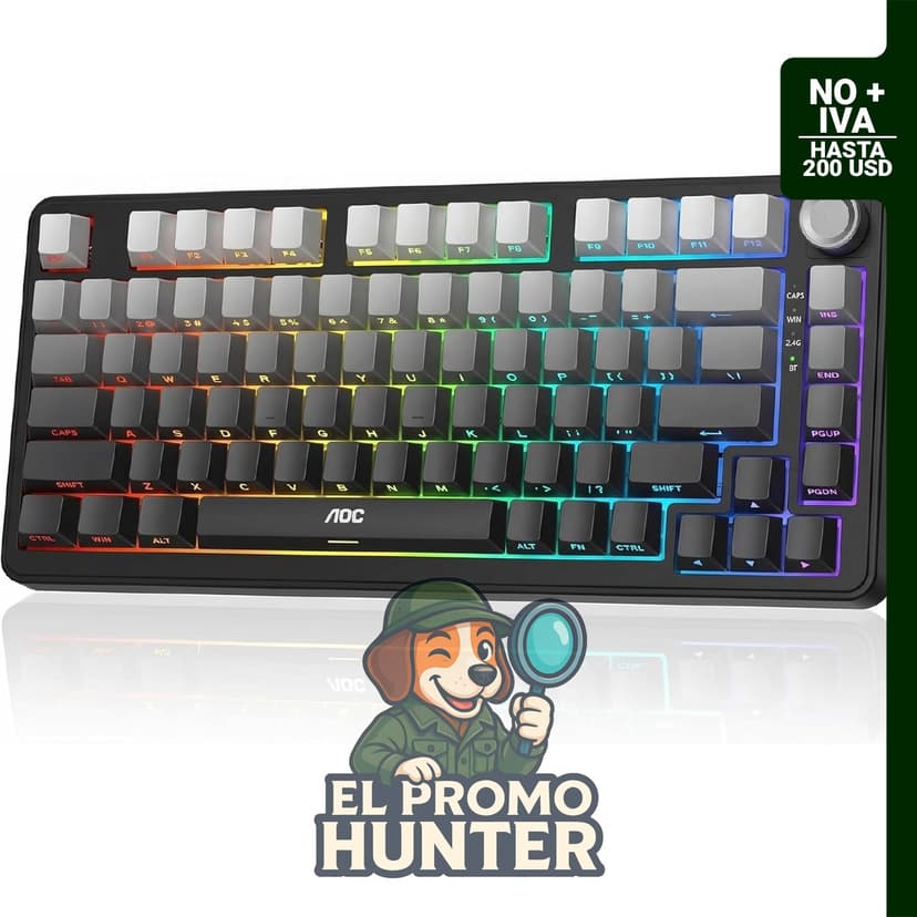 Teclado mecánico inalámbrico AOC GK330 al 75% con conectividad BT/2.4GHz/USB-C y retroiluminación RGB.
