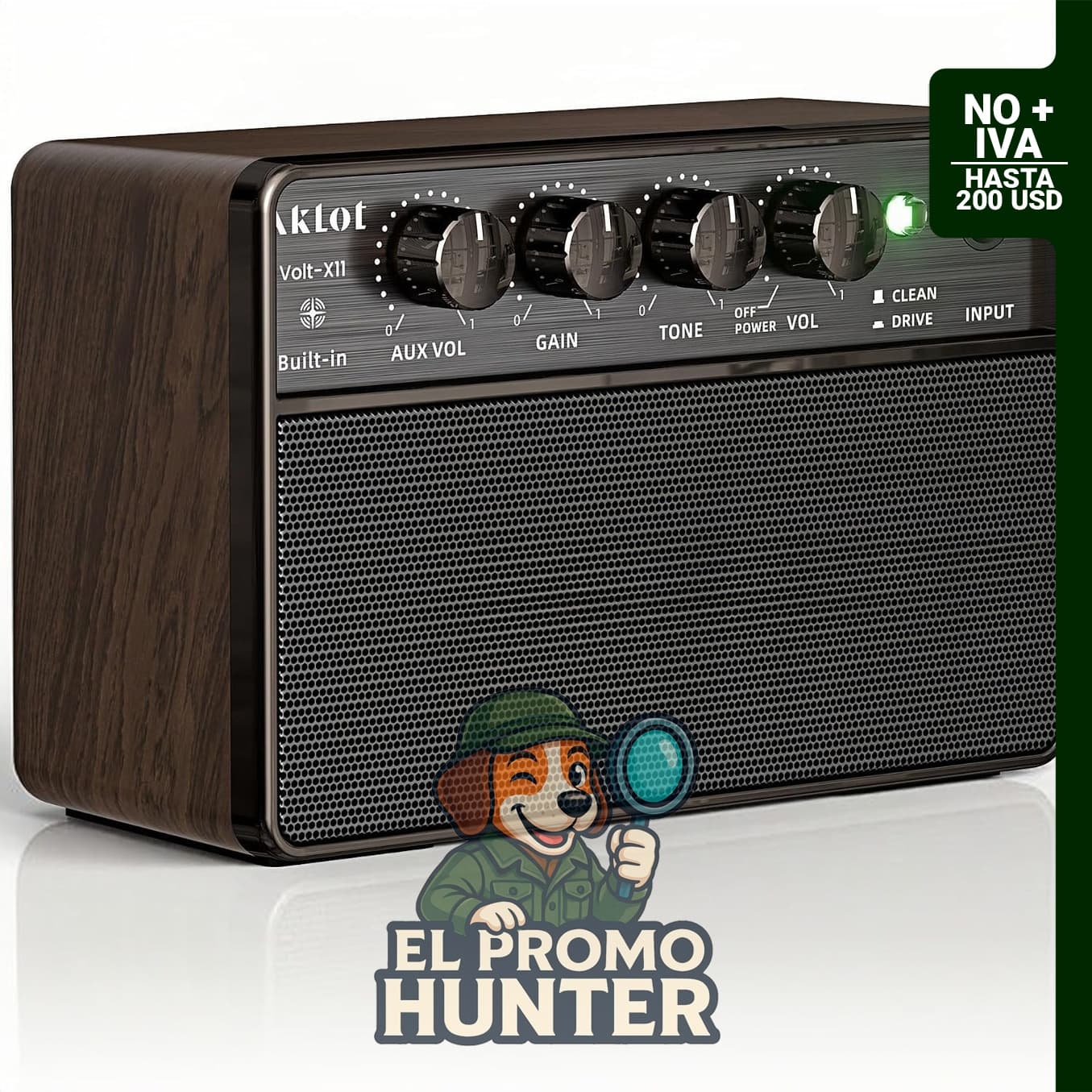 Mini amplificador portátil recargable de guitarra eléctrica de 10W, 15 x 10 x 6.6 cm, canales Clean/Drive, audio inalámbrico, USB-C, 6 horas de funcionamiento.