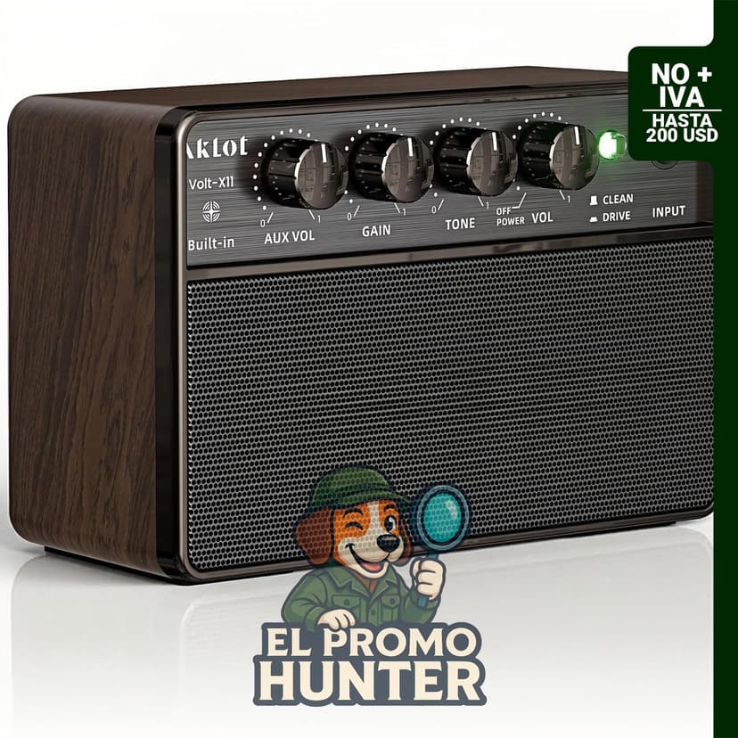 Mini amplificador portátil recargable de guitarra eléctrica de 10W, 15 x 10 x 6.6 cm, canales Clean/Drive, audio inalámbrico, USB-C, 6 horas de funcionamiento.