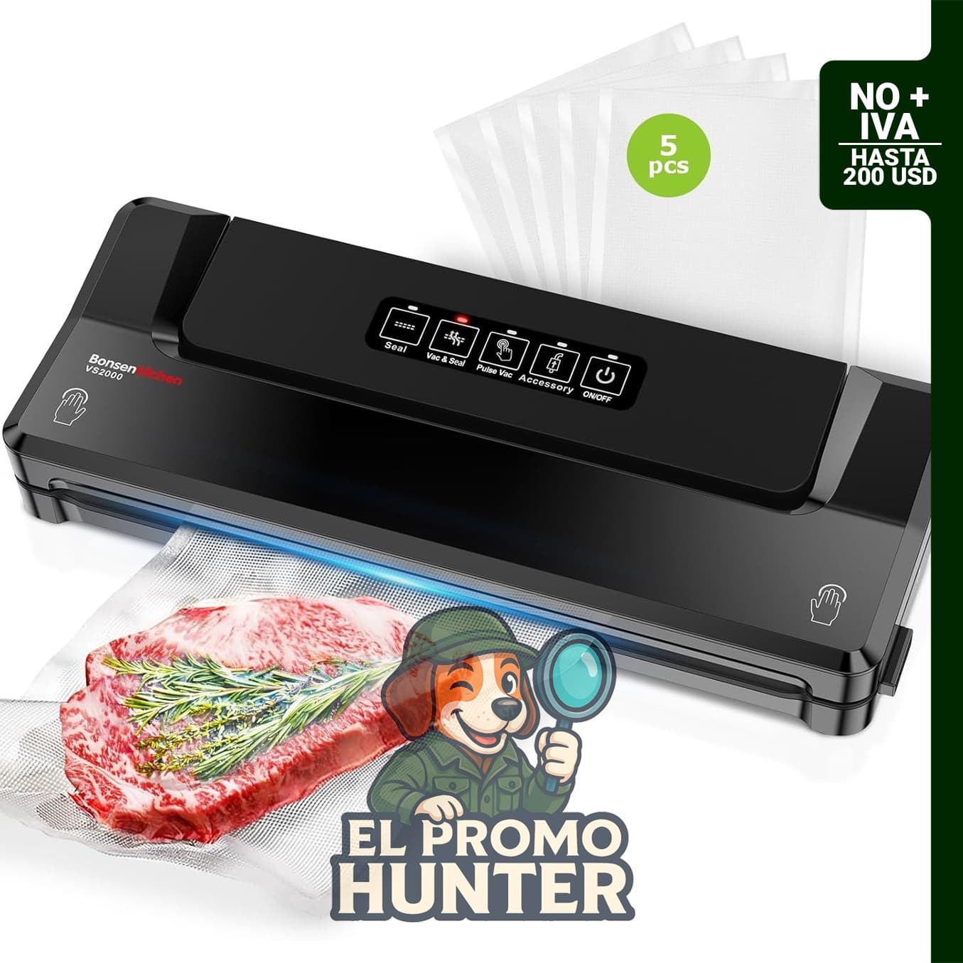 Máquina selladora al vacío Bonsenkitchen, incluye 5 bolsas, color negro, sistema de vacío externo.
