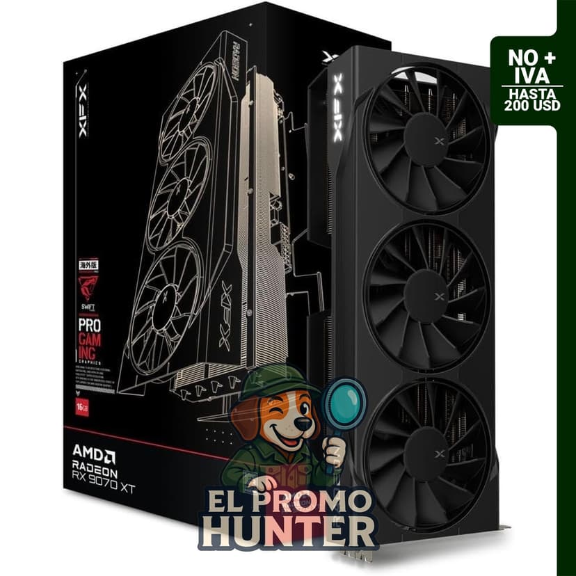 XFX Swift AMD Radeon RX 9070XT, tarjeta gráfica con 16 GB GDDR6, conectividad HDMI y 3x DisplayPort.