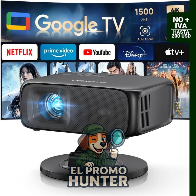 Proyector inteligente 1500ANSI Google TV con enfoque automático y Keystone, soporte rotatable de 360°.