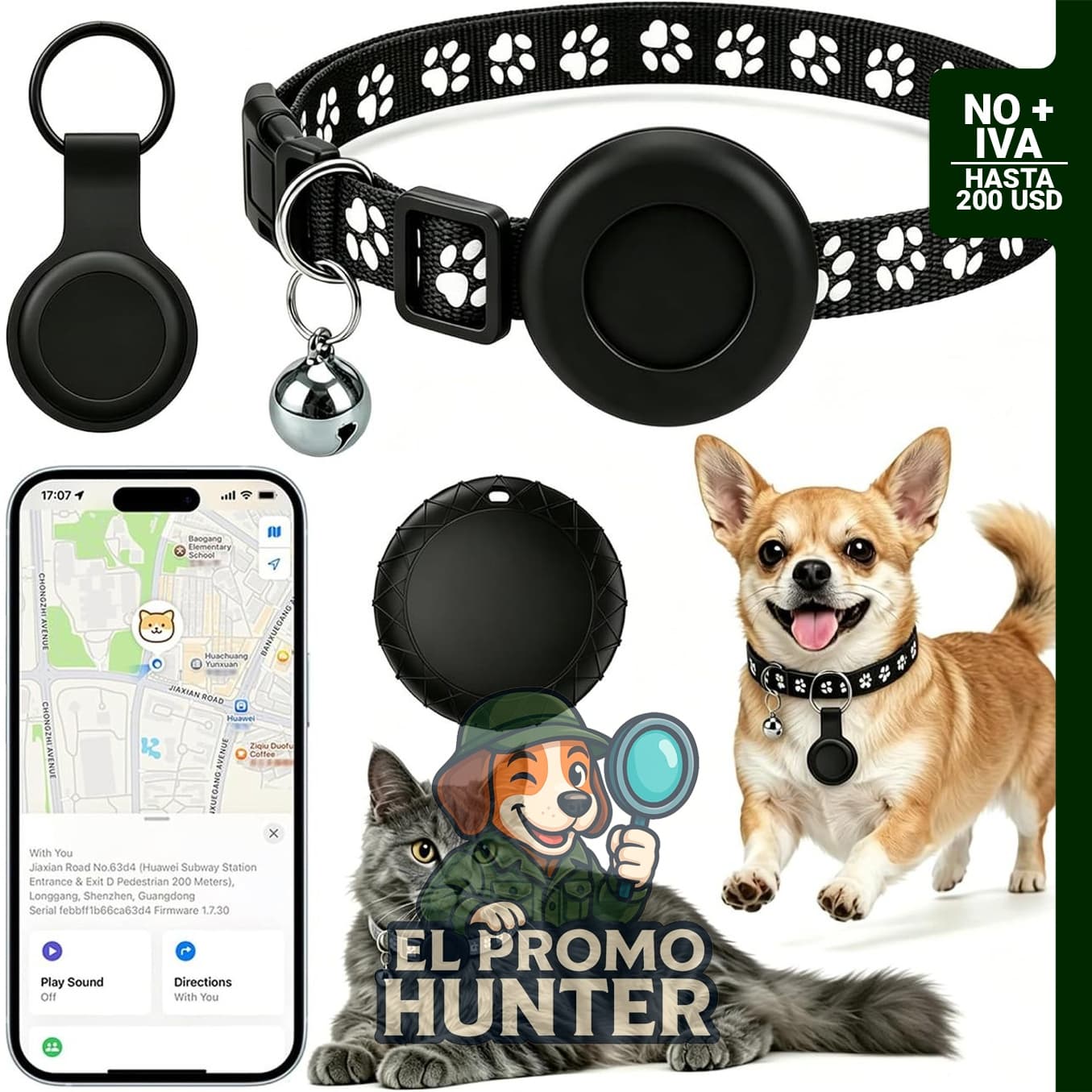 Rastreador GPS para collares de mascotas, compatible con iOS Find My, seguimiento global en tiempo real, IP67.