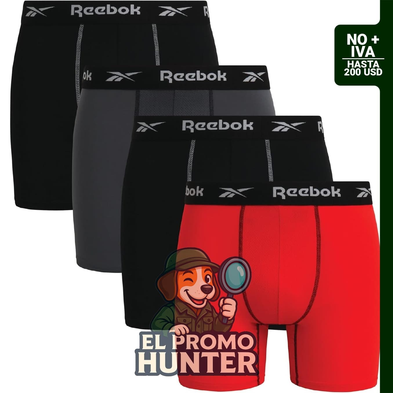 Calzoncillos tipo bóxer Reebok para hombre, paquete de 4, 6" (15 cm) de entrepierna, tejido elástico que absorbe la humedad.