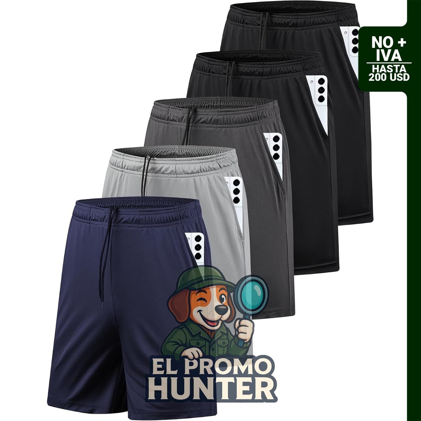 Paquete de 5 pantalones cortos deportivos para hombre, con bolsillos y secado rápido.