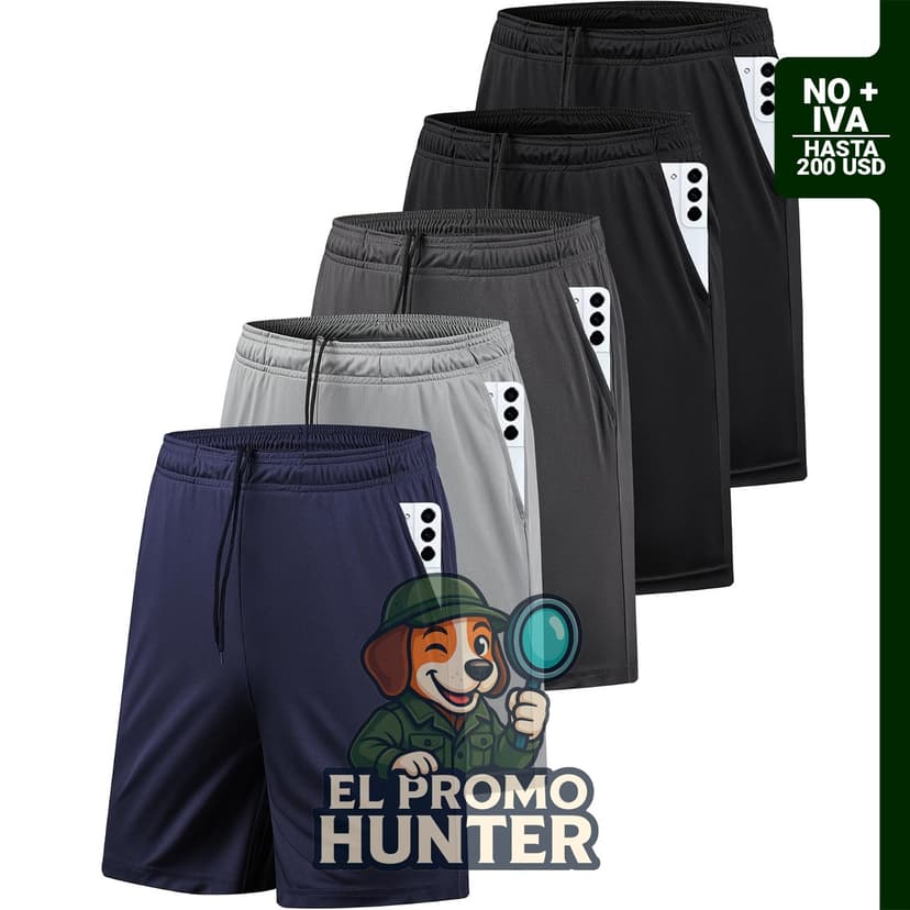 Paquete de 5 pantalones cortos deportivos para hombre, con bolsillos y secado rápido.