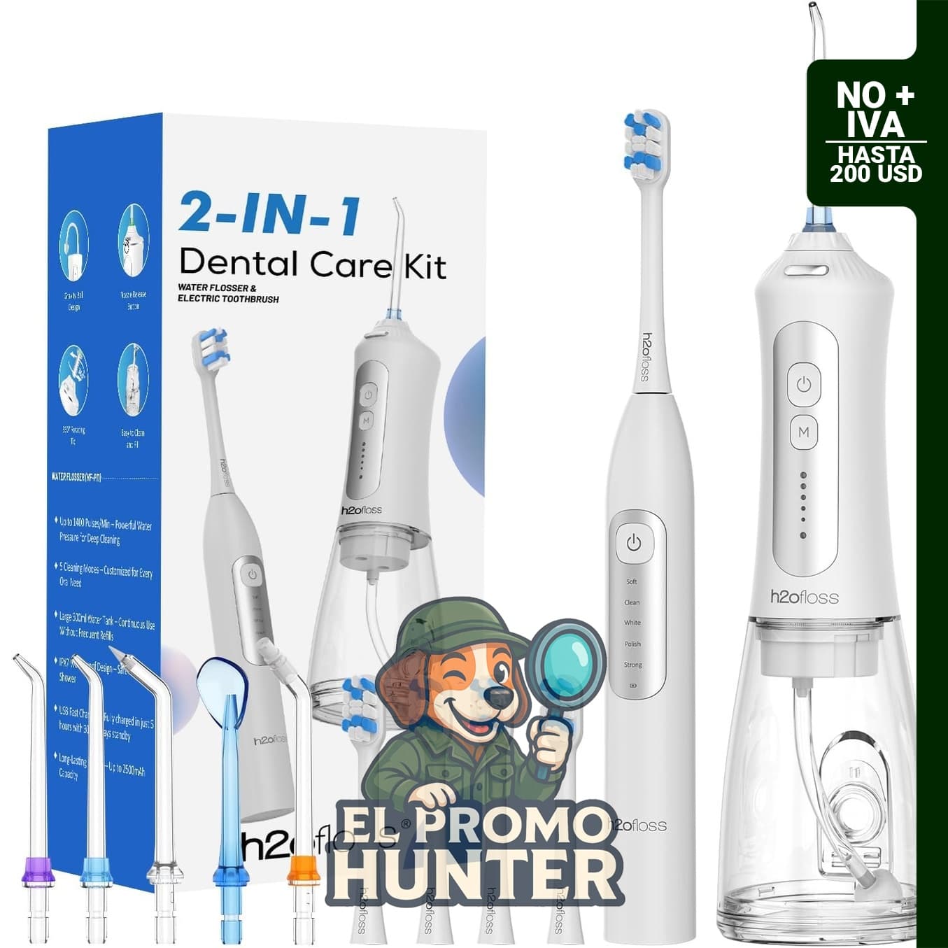 Cepillo de dientes eléctrico sónico recargable de 2000 mAh y irrigador oral de 2500 mAh con tanque de 300 ml.