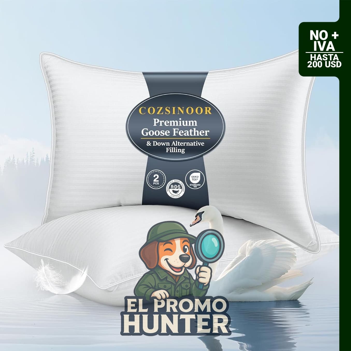 Almohadas de plumas de ganso tamaño Queen, juego de 2, con funda de algodón suave de 600 TC y relleno esponjoso.