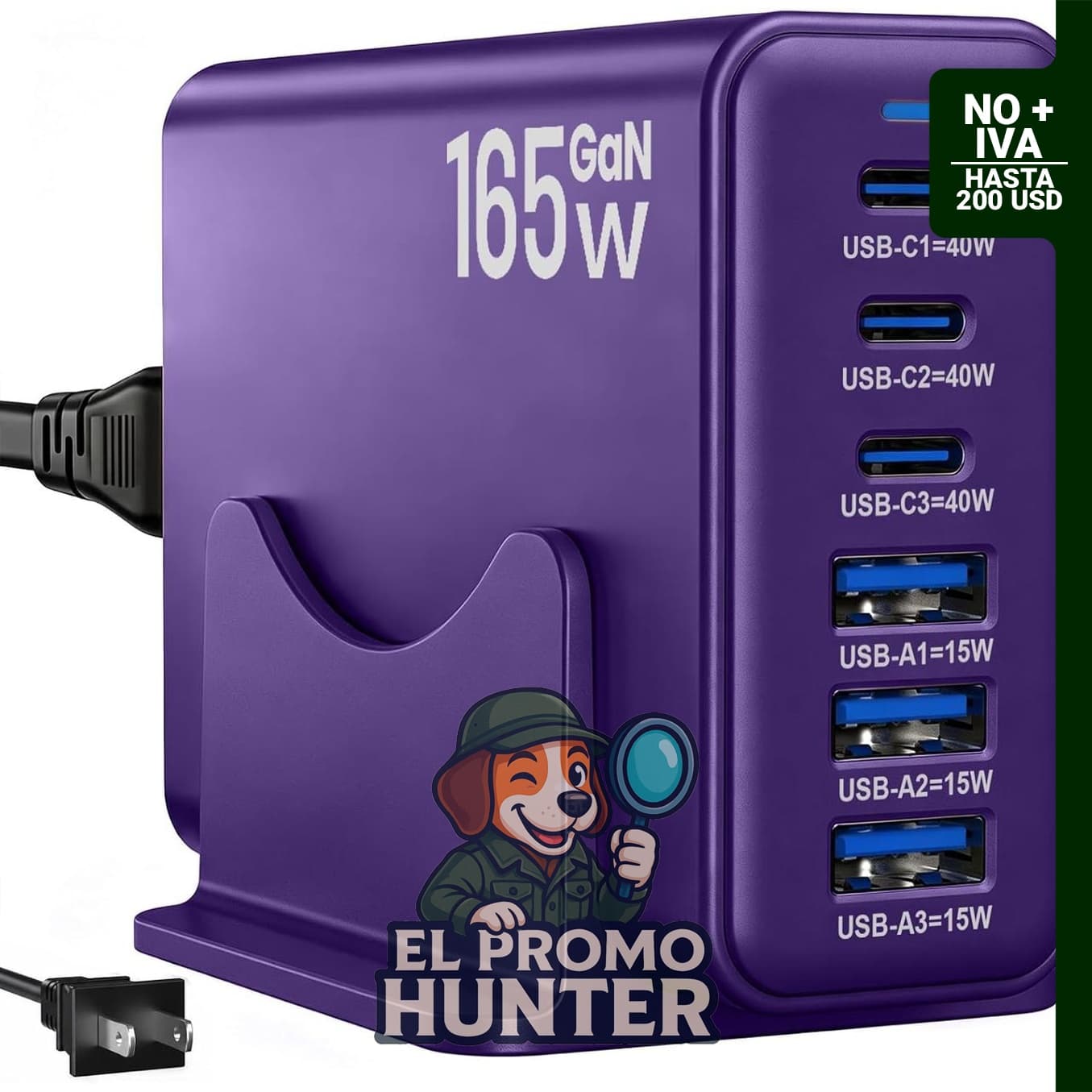Estación de carga de 165W, cargador de escritorio con 6 puertos, 3 puertos USB C de 40W y 3 puertos USB A de 15W.