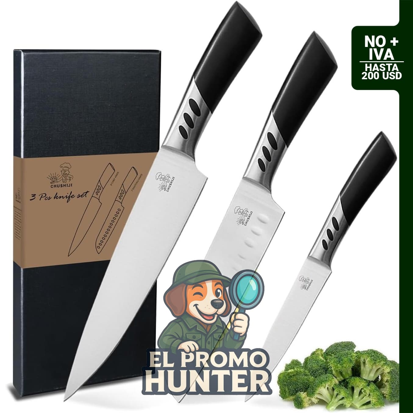 Juego de cuchillos de cocina de 3 piezas, incluye cuchillo de chef de 20 cm, cuchillo Santoku de 18 cm y cuchillo utilitario de 13 cm.