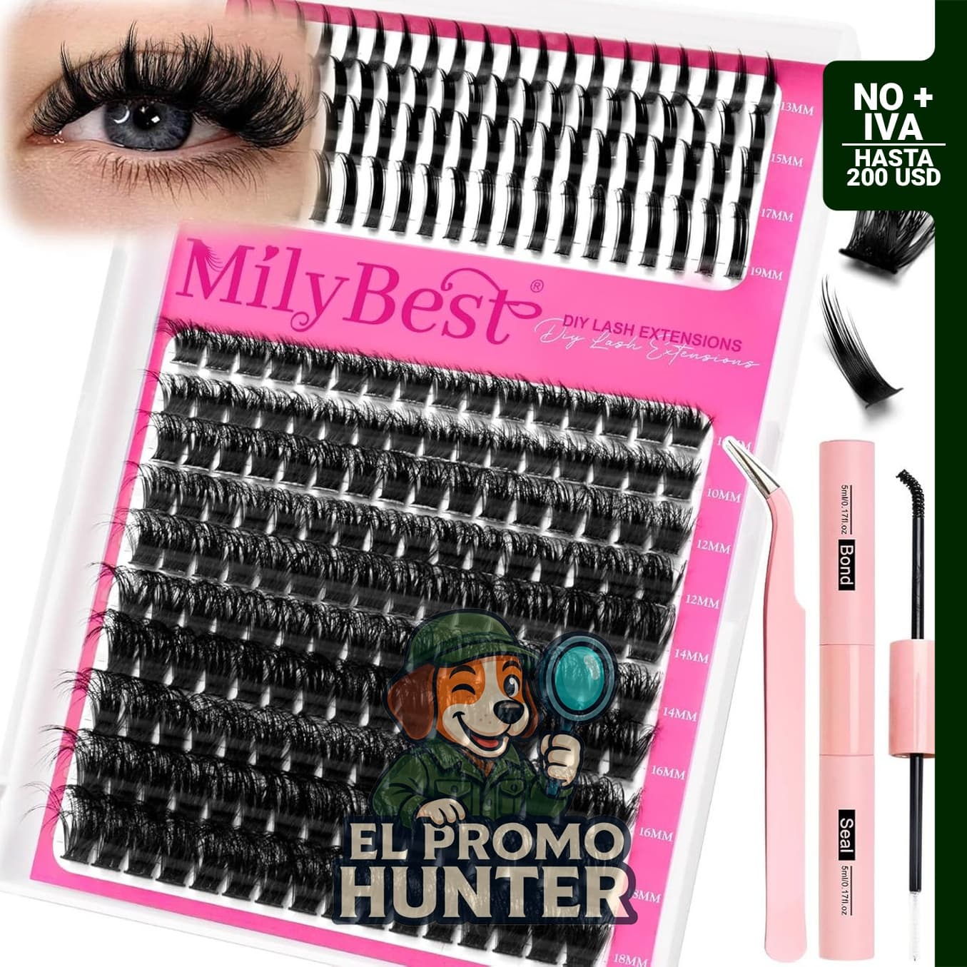 Kit de racimos de pestañas 100D con espigas, incluye pinzas y extensiones individuales de 0.51 a 0.79 pulgadas.
