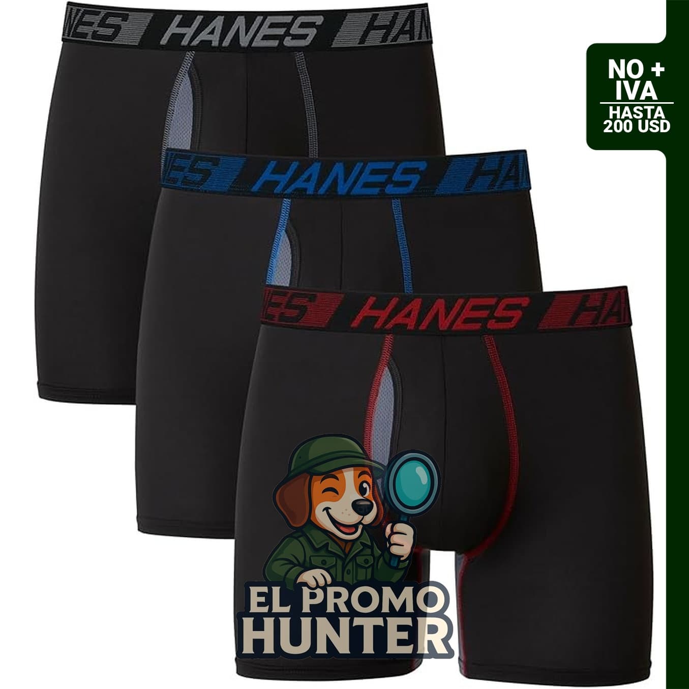 Paquete de 3 calzoncillos tipo bóxer para hombre con bolsa de soporte total y tecnología que repele la humedad.