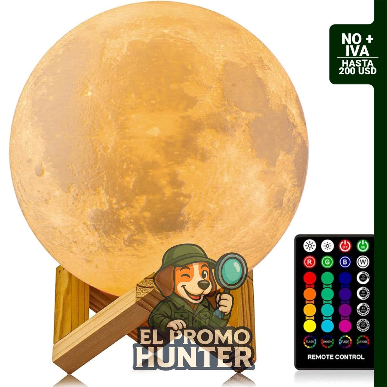 Lámpara de luna LED de 4.7" (12 cm) con 16 colores, control remoto y recarga USB.