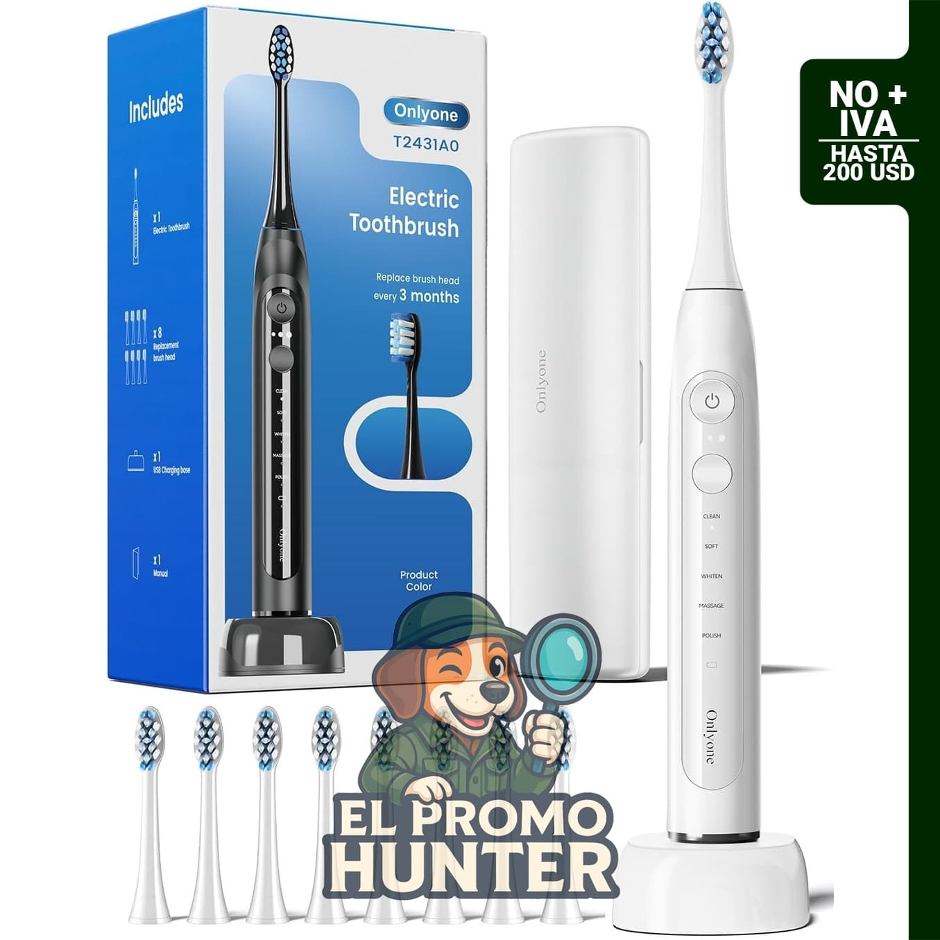 Cepillo de dientes eléctrico recargable con 8 cabezales, funda de viaje y base de carga, 5 modos con temporizador.