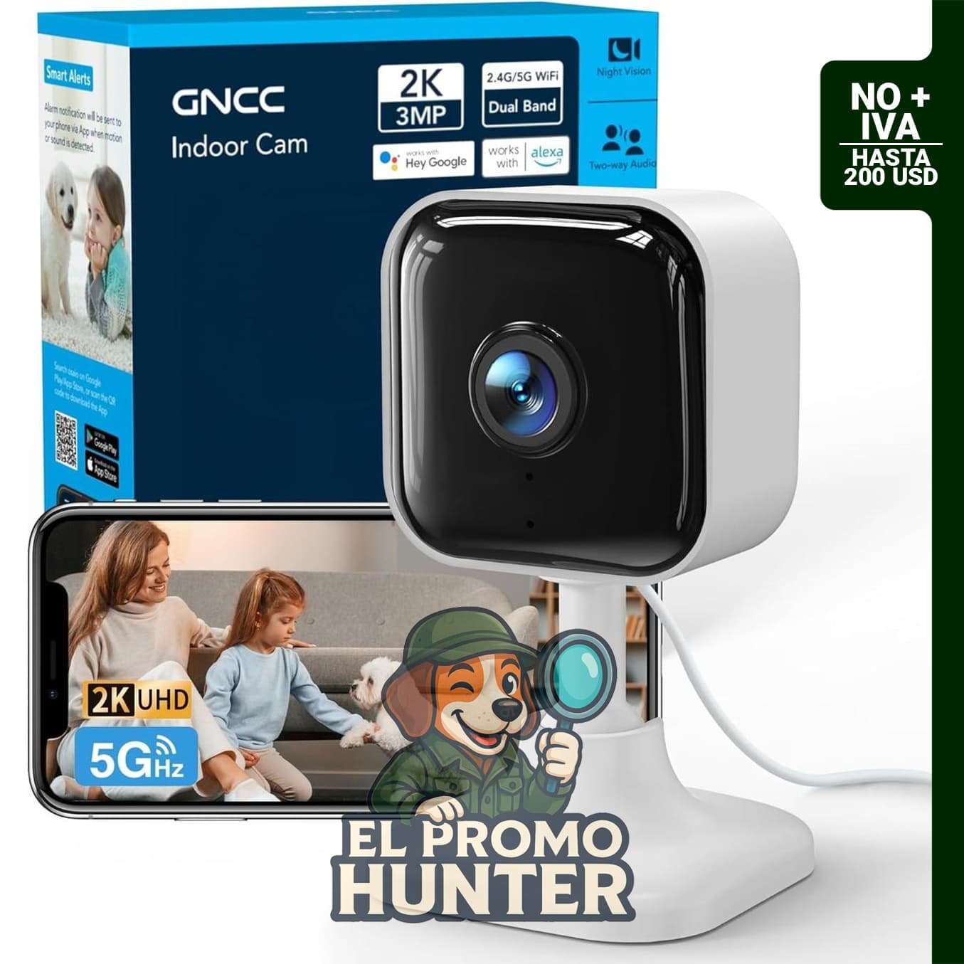 Cámara de seguridad interior GNCC 2K inalámbrica para mascotas, con detección de movimiento y almacenamiento en la nube.