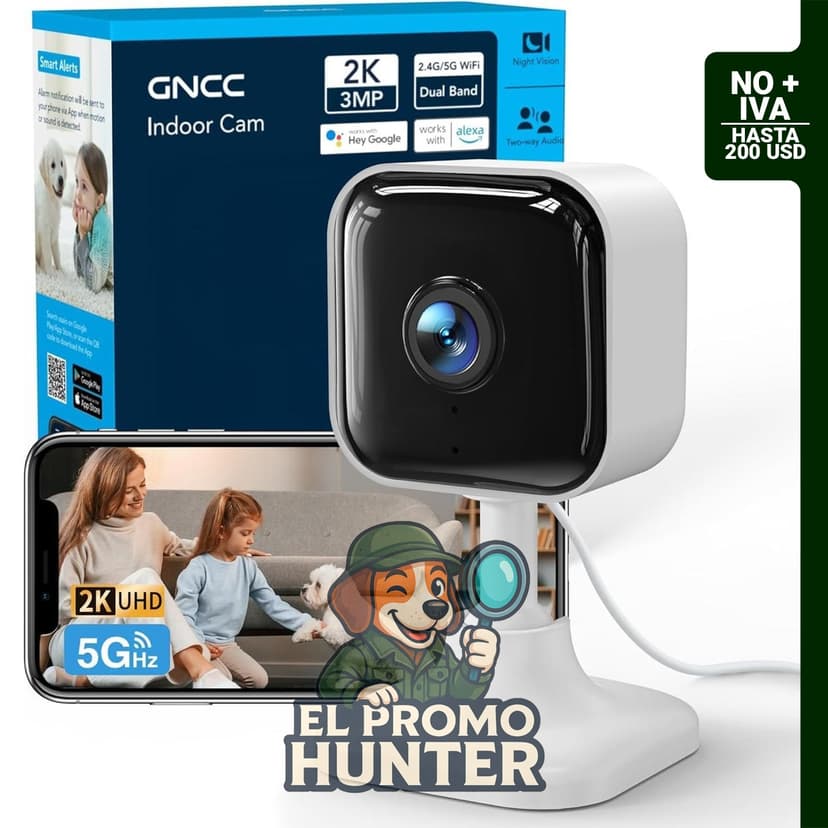 Cámara de seguridad interior GNCC 2K inalámbrica para mascotas, con detección de movimiento y almacenamiento en la nube.