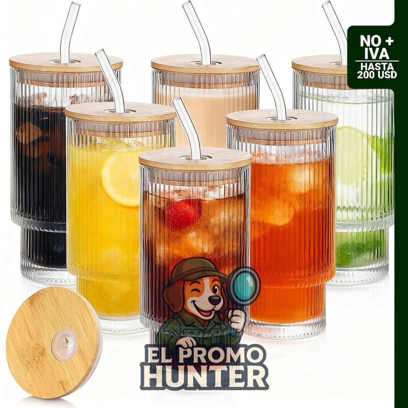 Paquete de 6 vasos de vidrio acanalados de 16 oz (473 ml) con tapas y popotes.